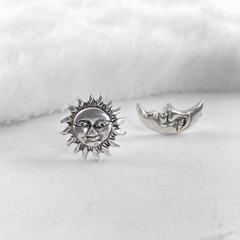 Silver moon and sun earring